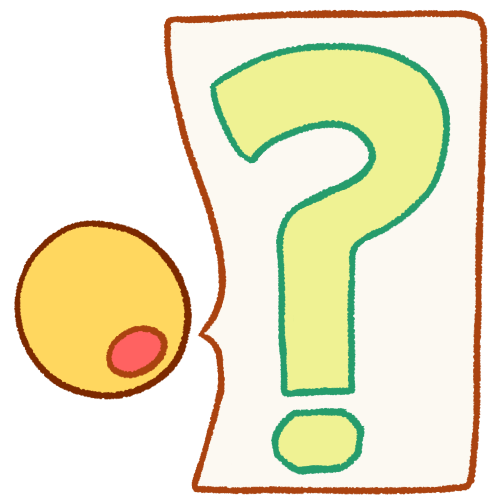  A drawing of a plain yellow head with an open mouth. It is speaking a large speech bubble to its right with a giant light green question mark in it.